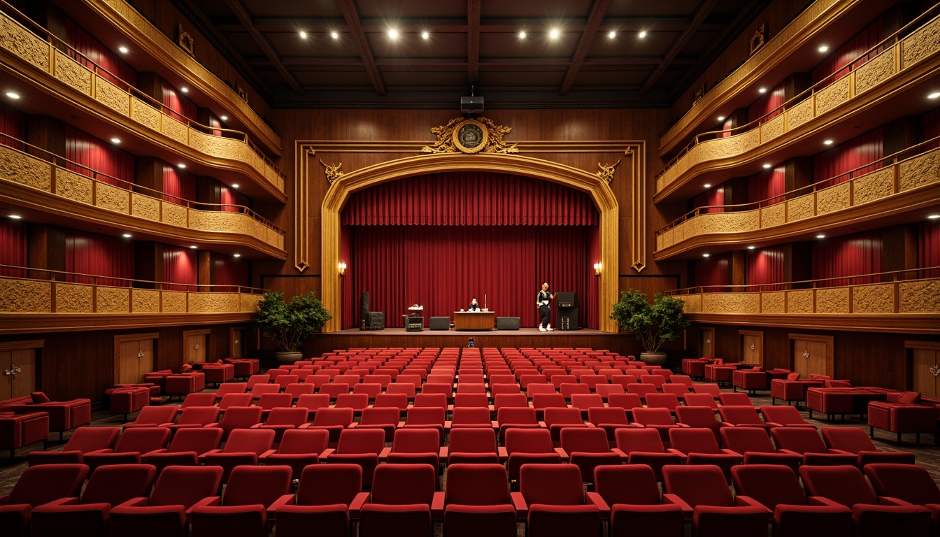 Prompt: Elegant theater interior, plush red velvet seats, ornate golden balconies, rich wood paneling, sound-absorbing materials, acoustic panels, strategically placed diffusers, subtle ambient lighting, warm color scheme, intimate atmosphere, raised stage, professional audio equipment, precise speaker placement, optimized reverberation time, clear sound projection, 3/4 composition, shallow depth of field, realistic textures, soft focus blur.