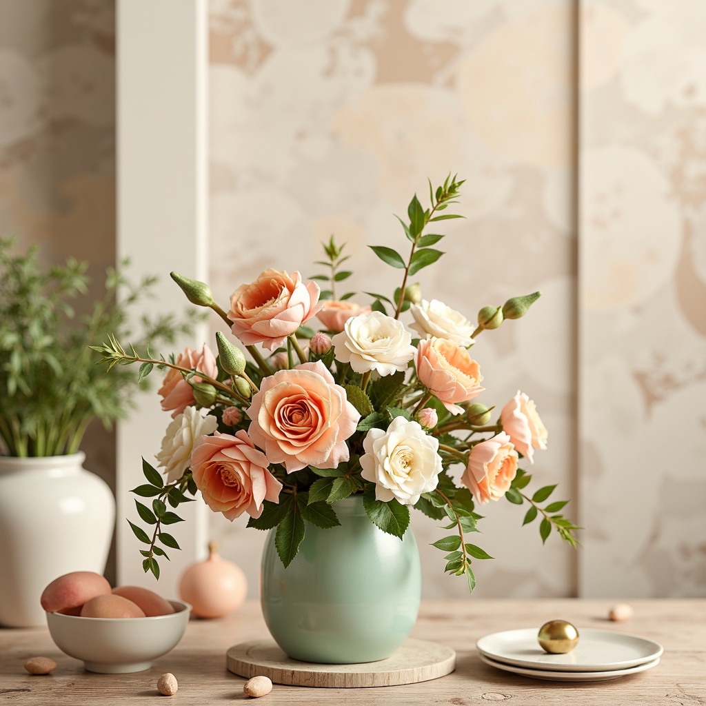 Prompt: Vibrant floral arrangements, pastel hues, soft peach tones, calming mint greens, creamy whites, warm beige backgrounds, natural wood textures, elegant gold accents, subtle gradient transitions, shallow depth of field, 1/1 composition, realistic reflections, ambient occlusion, bright daylight, gentle shadows, relaxed atmosphere.