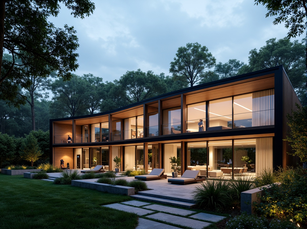 Prompt: Streamlined modern residence, curved lines, minimalist aesthetic, polished chrome accents, sleek glass surfaces, monochromatic color scheme, luxurious wood textures, high-gloss finishes, ambient LED lighting, subtle shadows, 1/1 composition, shallow depth of field, soft focus, calm atmosphere, peaceful surroundings, lush greenery, natural stone pathways.