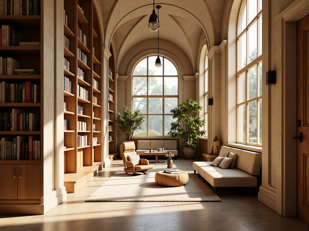 Prompt: Cozy library interior, abundant natural light, floor-to-ceiling windows, wooden bookshelves, comfortable reading nooks, soft cushions, warm beige colors, subtle wood grain textures, elegant archways, high ceilings, minimal ornamentation, serene atmosphere, warm afternoon sunlight, gentle shadows, 1/1 composition, realistic rendering, ambient occlusion.