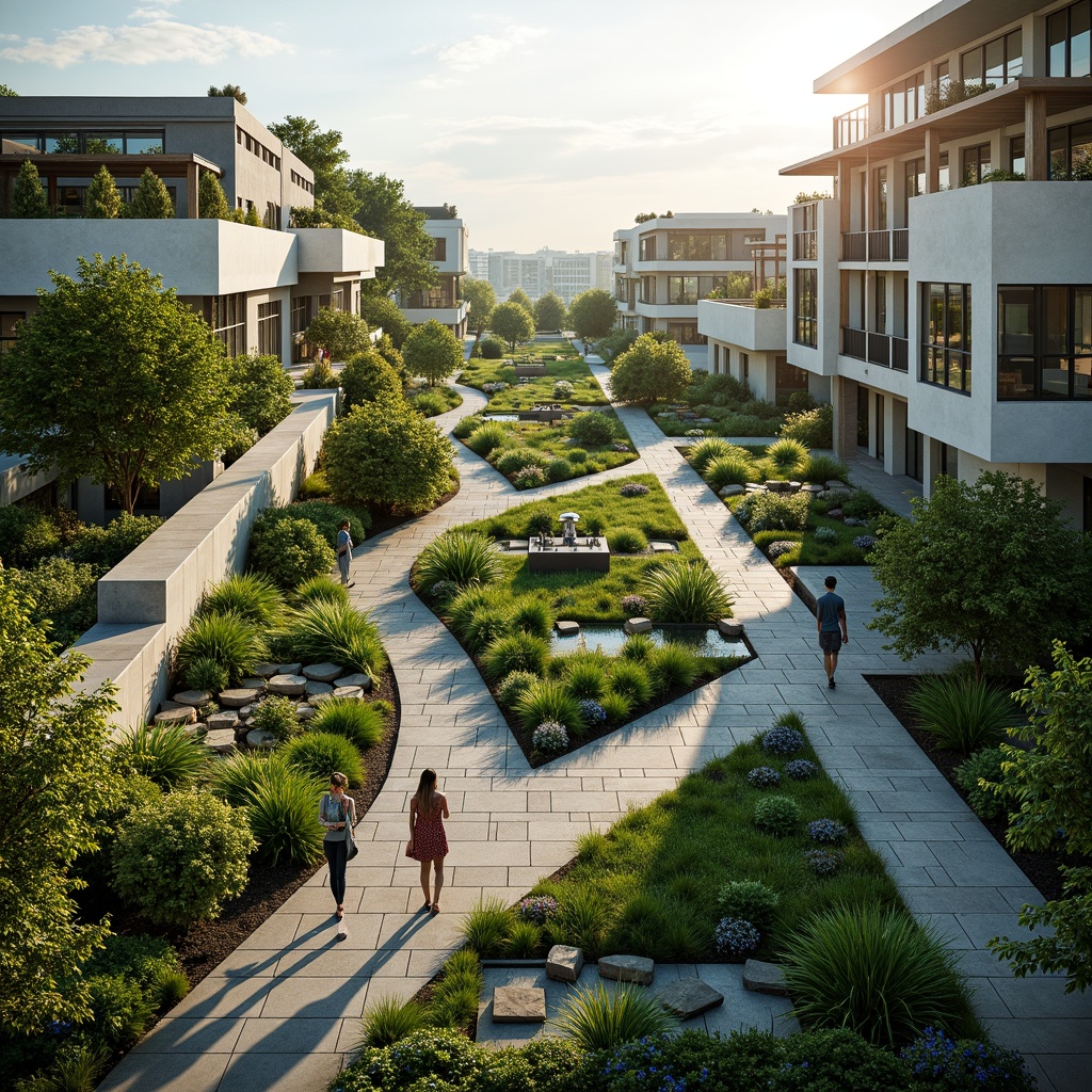 Prompt: Harmonious landscape integration, lush green roofs, verdant walls, native plant species, natural stone paving, meandering walkways, scenic overlooks, modern sustainable architecture, energy-efficient buildings, large windows, sliding glass doors, abundant natural light, warm atmospheric ambiance, soft focus blur, 1/1 composition, symmetrical framing, vibrant color palette, realistic textures, subtle ambient occlusion.