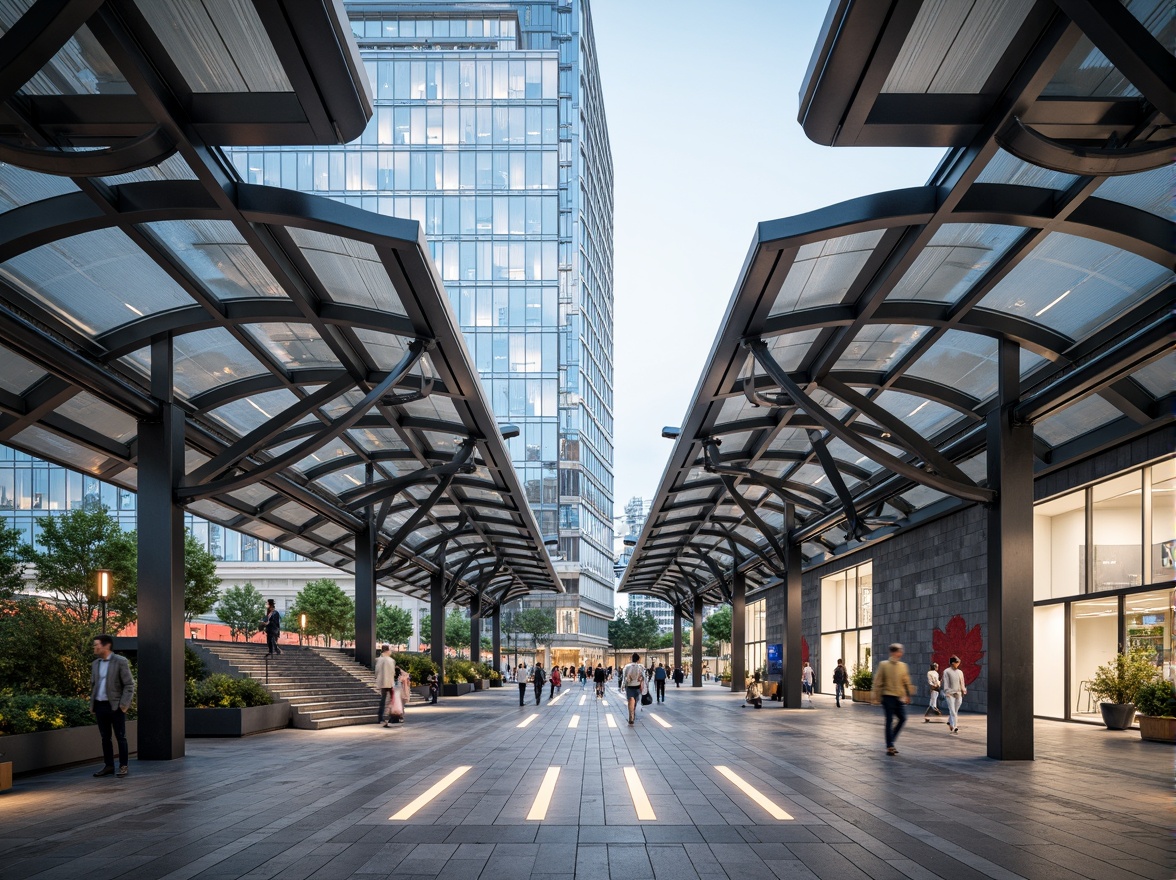 Prompt: Futuristic tram station, curved steel framework, cantilevered roofs, transparent glass facades, sleek metallic surfaces, modern urban architecture, elevated platforms, staircases with LED lighting, abstract geometric patterns, vibrant color schemes, efficient ventilation systems, natural stone flooring, minimalist seating areas, panoramic city views, shallow depth of field, 1/2 composition, realistic textures, ambient occlusion.