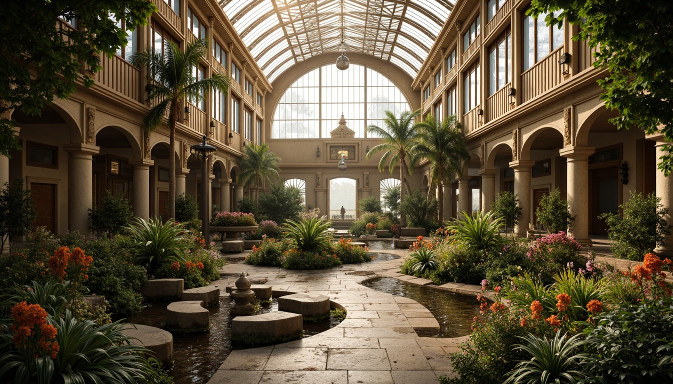 Prompt: Grandiose greenhouse, ornate Baroque architecture, lush tropical vegetation, vibrant exotic flowers, winding stone pathways, serene natural water features, dramatic archways, intricate ironwork details, ornamental fountains, majestic palm trees, rustic wooden accents, warm golden lighting, soft misty atmosphere, 1/2 composition, cinematic view, detailed textures, ambient occlusion.