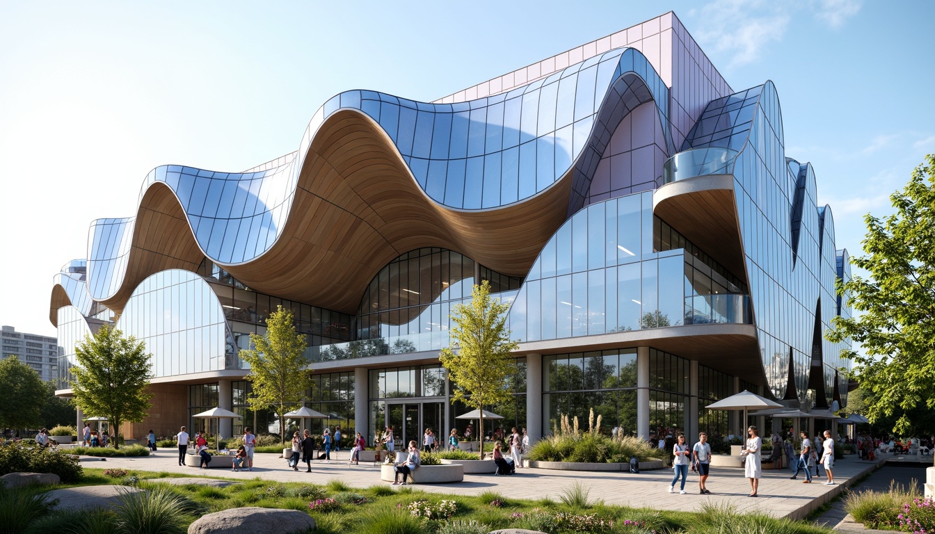 Prompt: Unique visitor center, futuristic facade design, undulating curves, parametric architecture, iridescent colors, reflective glass surfaces, angular lines, minimalist decor, cantilevered roofs, green walls, living walls, natural ventilation systems, solar panels, rainwater harvesting systems, eco-friendly materials, innovative shading devices, misting systems, panoramic views, shallow depth of field, 1/2 composition, realistic textures, ambient occlusion.