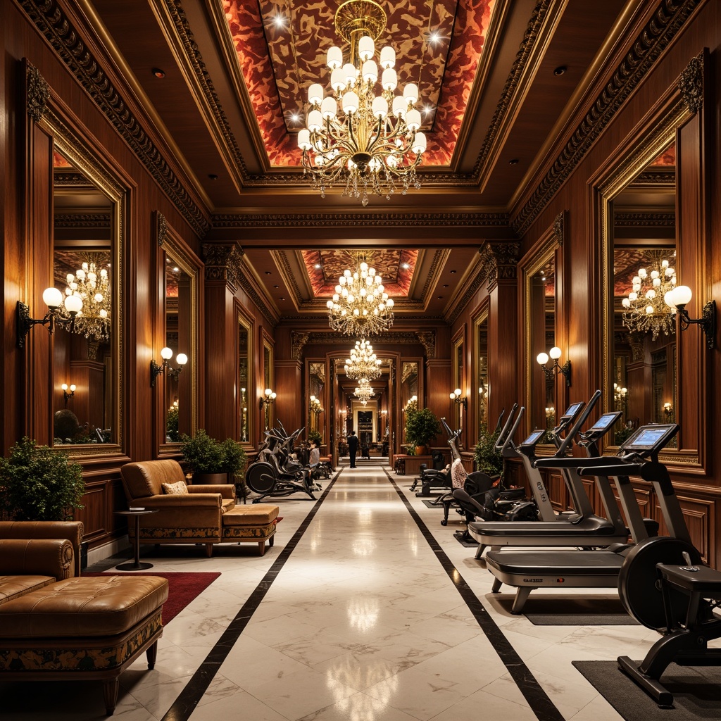 Prompt: Luxurious fitness club interior, ornate Baroque architecture, grand chandeliers, marble flooring, velvet drapes, gilded mirrors, opulent furnishings, state-of-the-art exercise equipment, free weights, cardio machines, yoga mats, mirrored walls, high ceilings, dramatic lighting, rich wood accents, intricate moldings, lavish textiles, regal color palette, warm ambiance, energetic atmosphere, dynamic composition, 1/2 shot, soft focus, ambient occlusion.