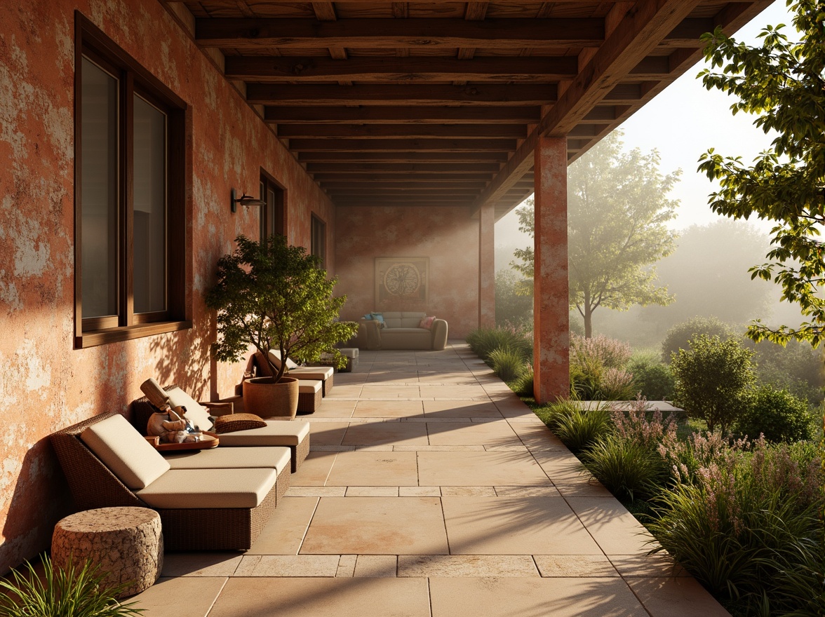 Prompt: Warm earthy tones, rustic red rocks, soft sandy beige, gentle turquoise accents, weathered wooden beams, distressed stone walls, lush green foliage, misty morning atmosphere, warm golden lighting, shallow depth of field, 2/3 composition, intimate vignettes, natural textures, ambient occlusion.