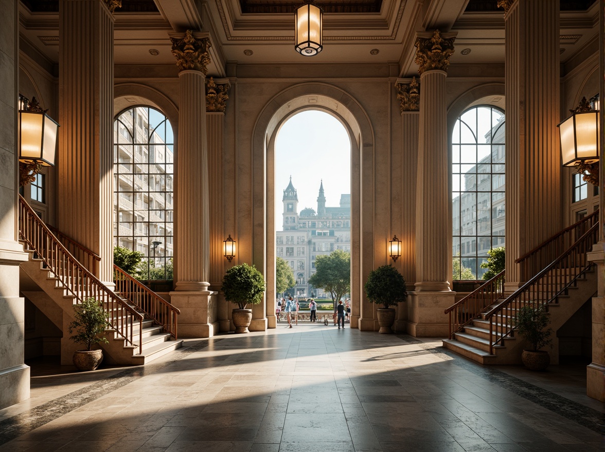 Prompt: Grand courthouse building, neoclassical architecture, granite stone fa\u00e7ade, Corinthian columns, symmetrical design, grand staircase, ornate chandeliers, wooden paneling, high ceilings, large windows, natural light pouring in, cityscape views, bustling streets, urban landscape, sunny day, soft warm lighting, shallow depth of field, 3/4 composition, panoramic view, realistic textures, ambient occlusion.