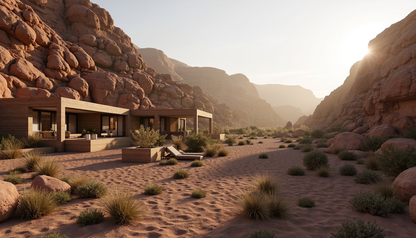 Prompt: Rugged canyon landscape, rocky formations, sandy terrain, vast open skies, warm golden light, soft shadows, natural stone walls, earthy tone buildings, wooden accents, minimalist design, large windows, sliding glass doors, outdoor living spaces, cantilevered roofs, dramatic overhangs, organic textures, ambient occlusion, 1/2 composition, realistic materials, subtle color palette, serene atmosphere, early morning light, gentle warm glow.