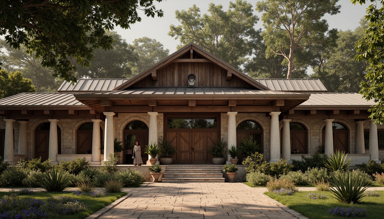 Prompt: Rustic barn, neoclassical fa\u00e7ade, symmetrical composition, ornate details, classical columns, arched windows, wooden shutters, stone walls, vintage metal roofs, overhanging eaves, decorative trusses, distressed wood textures, earthy color palette, soft warm lighting, shallow depth of field, 1/1 composition, realistic materials, ambient occlusion.