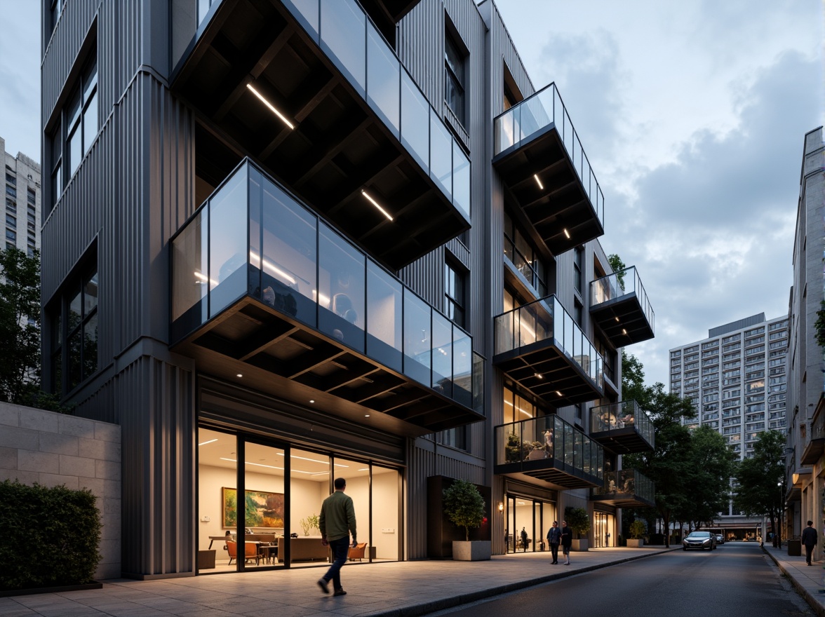 Prompt: Modern residential building, angular rooflines, cantilevered balconies, floor-to-ceiling windows, steel beams, exposed ductwork, polished concrete floors, industrial-chic aesthetic, urban cityscape, overcast sky, dramatic shadows, high contrast lighting, 1/2 composition, symmetrical framing, realistic materials, ambient occlusion.