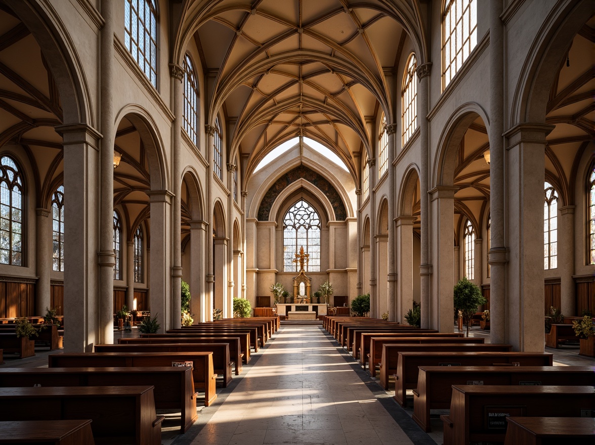 Prompt: Elegant church interior, grand vaulted ceiling, stained glass windows, warm soft lighting, subtle color palette, ornate wooden pews, polished marble floors, intricate stone carvings, majestic altar, dramatic archways, clerestory windows, natural light pouring in, subtle shadows, ambient occlusion, realistic textures, 3/4 composition, panoramic view, serene atmosphere.