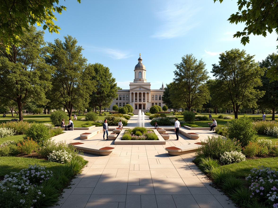 Prompt: Manicured lawns, ornamental shrubs, blooming flowerbeds, majestic trees, walking paths, granite benches, classical fountains, symmetrical gardens, historic courthouse building, neoclassical architecture, columned facade, clock tower, sunny day, warm natural lighting, shallow depth of field, 3/4 composition, panoramic view, realistic textures, ambient occlusion.