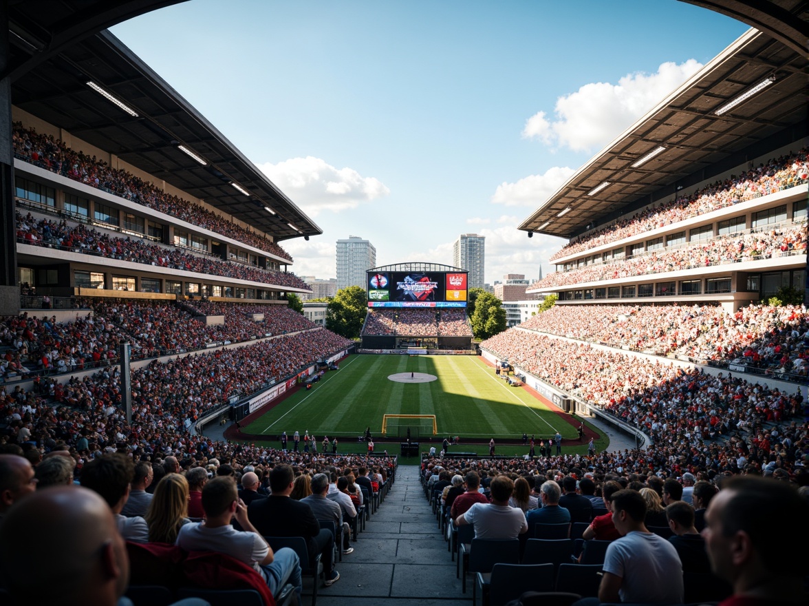 Prompt: Stadium seating, tiered rows, vibrant spectator crowd, dynamic scoreboard displays, LED lights, stadium architecture, curved lines, modern design, open-air atmosphere, lush greenery, surrounding cityscape, sunny day, soft warm lighting, shallow depth of field, 3/4 composition, panoramic view, realistic textures, ambient occlusion.