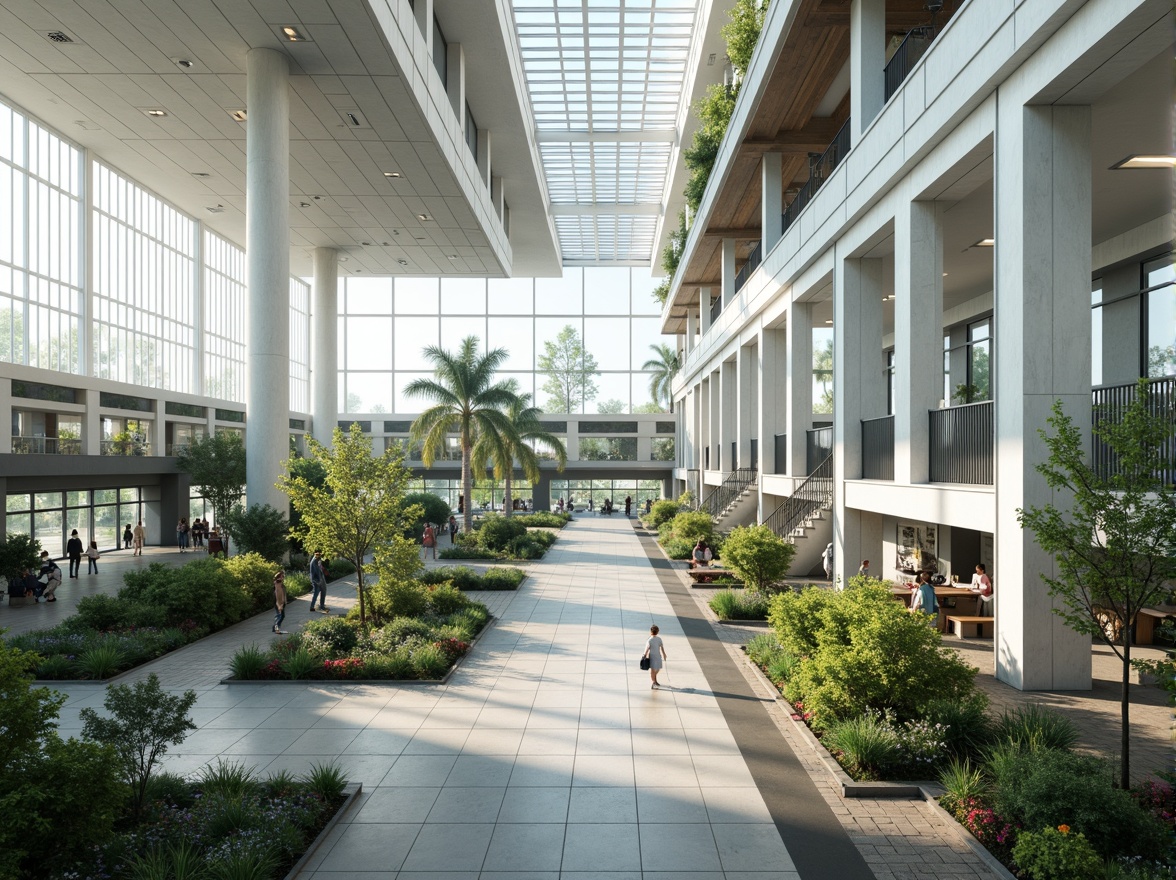 Prompt: Airy airport terminal, vast open spaces, high ceilings, clerestory windows, natural light pouring in, ventilation towers, wind catchers, solar chimneys, green roofs, lush vegetation, tropical plants, misting systems, evaporative cooling, large overhangs, shaded outdoor areas, pedestrian walkways, minimal obstruction, unobstructed airflow, gentle breeze, soft diffused lighting, 1/1 composition, realistic textures, ambient occlusion.