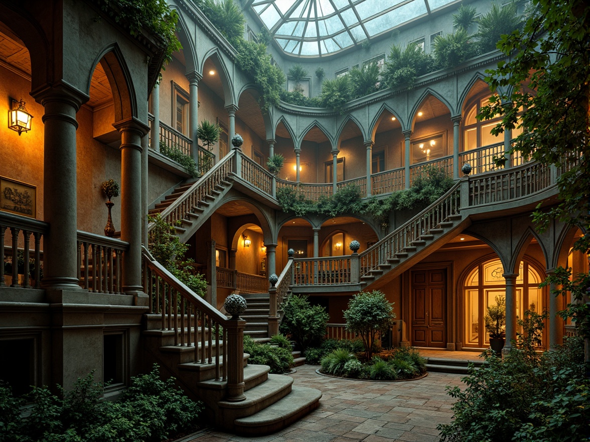 Prompt: Dramatic Gothic Revival mansion, warm golden lighting, rich wood tones, vibrant turquoise accents, intricate stone carvings, ornate ironwork, grand staircases, sweeping archways, lush greenery, overgrown vines, misty atmosphere, soft focus, shallow depth of field, 1/2 composition, warm color palette, high contrast ratios, velvety textures, ambient occlusion.