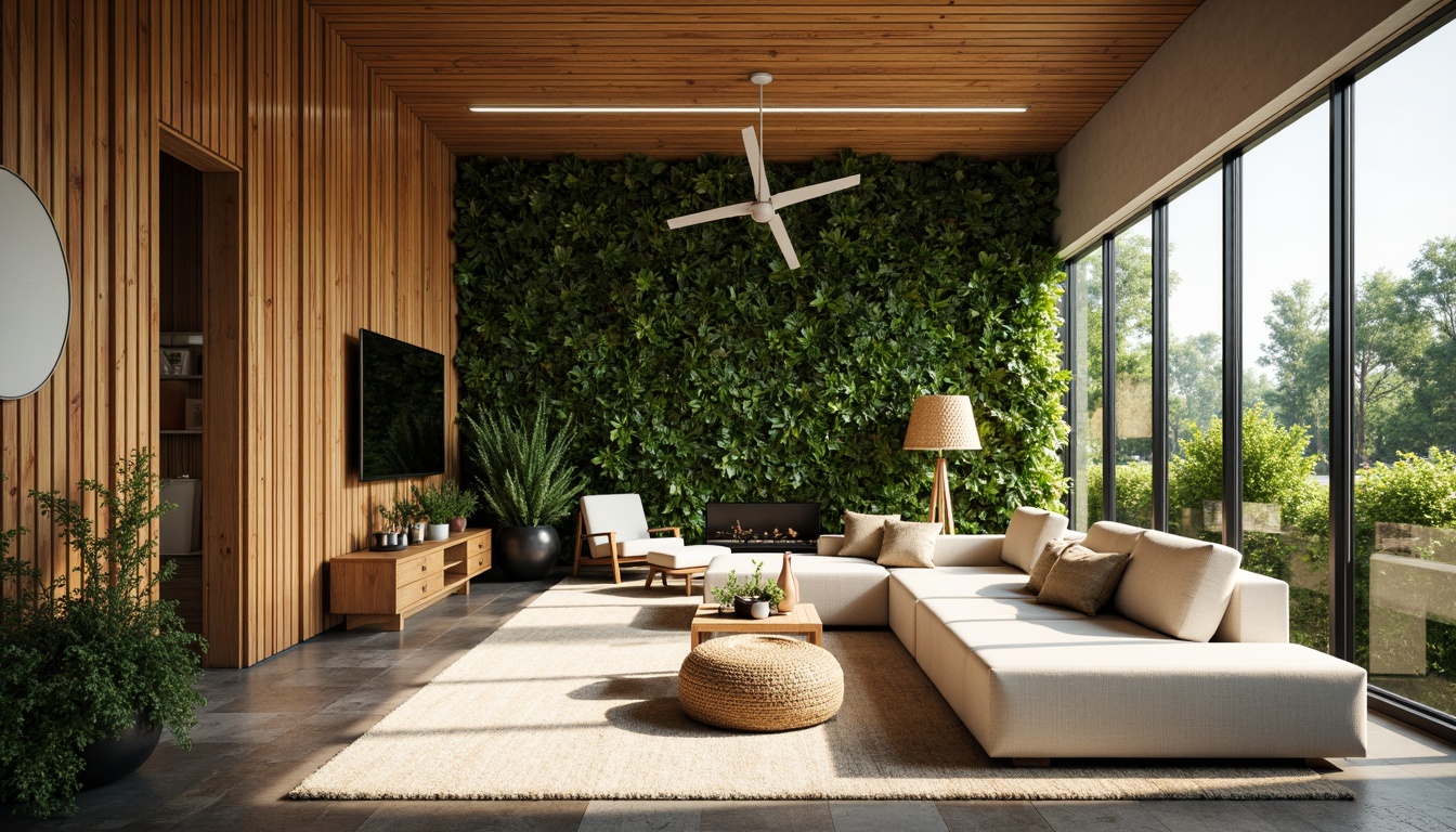 Prompt: Reclaimed wood accents, living green walls, bamboo flooring, low-VOC paints, recycled glass surfaces, eco-friendly concrete, solar-powered roofs, wind turbine-inspired structures, minimalist steel frames, natural fiber textiles, organic patterning, earthy color palette, soft warm lighting, 1/1 composition, shallow depth of field, realistic renderings.