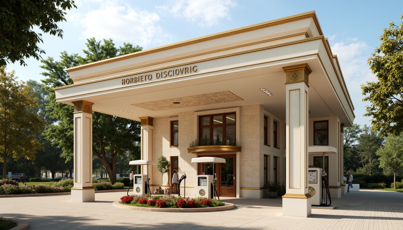 Prompt: Elegant gas station, neoclassical architecture, cream-colored stone facade, ornate columns, grand entrance, symmetrical composition, rich golden accents, sophisticated signage, vintage-inspired fuel pumps, polished chrome details, creamy white canopies, subtle geometric patterns, warm beige pavement, lush greenery, vibrant red flowers, sunny day, soft natural lighting, shallow depth of field, 3/4 composition, realistic textures, ambient occlusion.