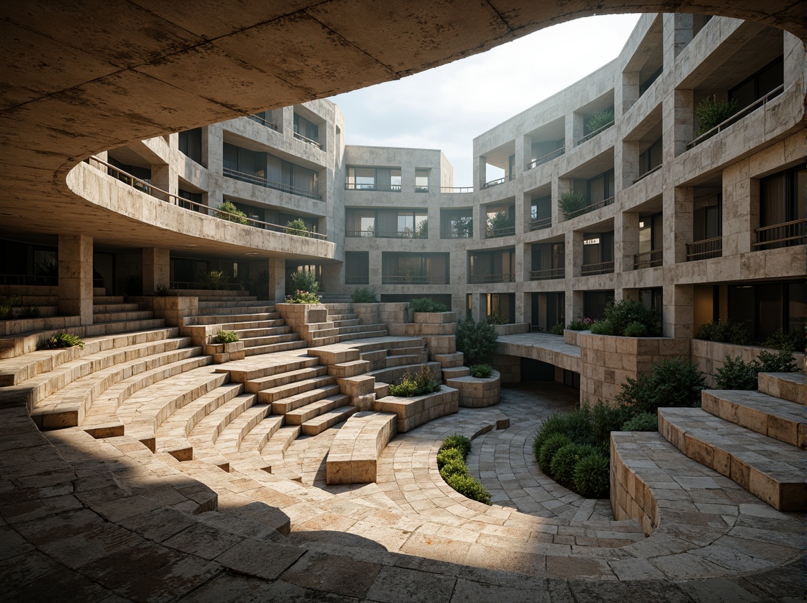 Prompt: Rugged brutalist amphitheater, natural stone seating, exposed concrete structures, dramatic staircases, cantilevered balconies, raw unfinished textures, harsh geometric forms, abundant natural light, clerestory windows, skylights, soft diffused illumination, warm afternoon sunbeams, deep shadows, 1/2 composition, atmospheric perspective, gritty realistic rendering.