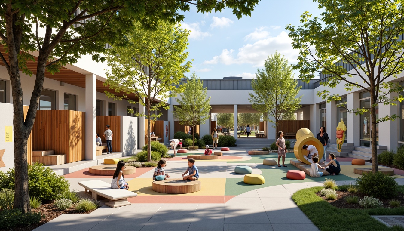 Prompt: Vibrant kindergarten playground, colorful murals, diverse cultural symbols, inclusive play equipment, accessible ramps, interactive learning walls, collaborative classroom spaces, natural light-filled interior, wooden accents, cozy reading nooks, community-inspired public art, transparent glass fa\u00e7ade, open-plan layout, flexible seating areas, educational signage, soft acoustic panels, calming color scheme, abundant greenery, outdoor classrooms, shaded gathering spaces, warm sunny day, shallow depth of field, 1/2 composition, panoramic view, realistic textures, ambient occlusion.