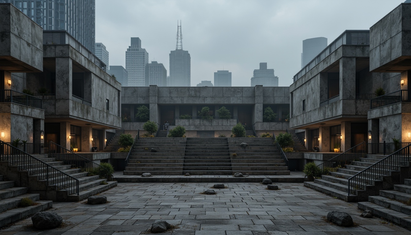 Prompt: Rugged concrete amphitheater, brutalist architecture, exposed ductwork, raw poured-in-place concrete, weathered stone walls, monumental staircases, cantilevered seating areas, dramatic overhead lighting, atmospheric fog effects, cold industrial ambiance, angular geometric forms, functional minimalism, urban cityscape backdrop, gloomy overcast sky, cinematic wide-angle shot, low-key lighting, 2.35