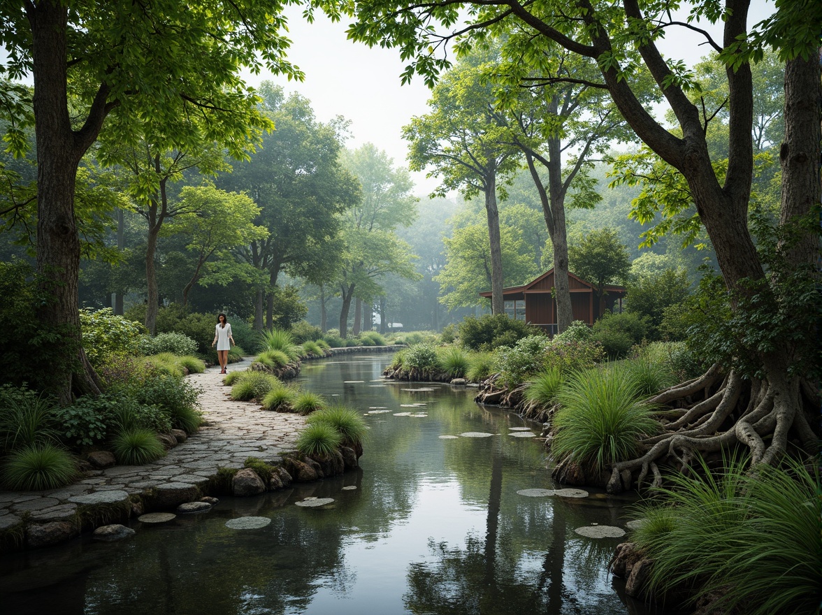 Prompt: Majestic wetland ecosystem, lush green vegetation, serene water reflections, twisted tree branches, intricate root systems, natural stone pathways, wooden boardwalks, educational signs, observation decks, bird-watching areas, tranquil atmosphere, soft misty lighting, shallow depth of field, 3/4 composition, panoramic view, realistic textures, ambient occlusion.