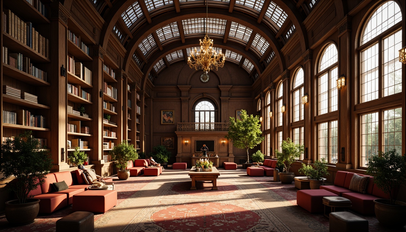 Prompt: Cozy library interior, warm natural lighting, large windows, stained glass ceilings, wooden bookshelves, comfortable reading nooks, plush carpets, soft cushions, elegant chandeliers, classic architectural details, subtle color palette, ambient occlusion, shallow depth of field, 1/1 composition, realistic textures, warm afternoon sunlight, inviting atmosphere.