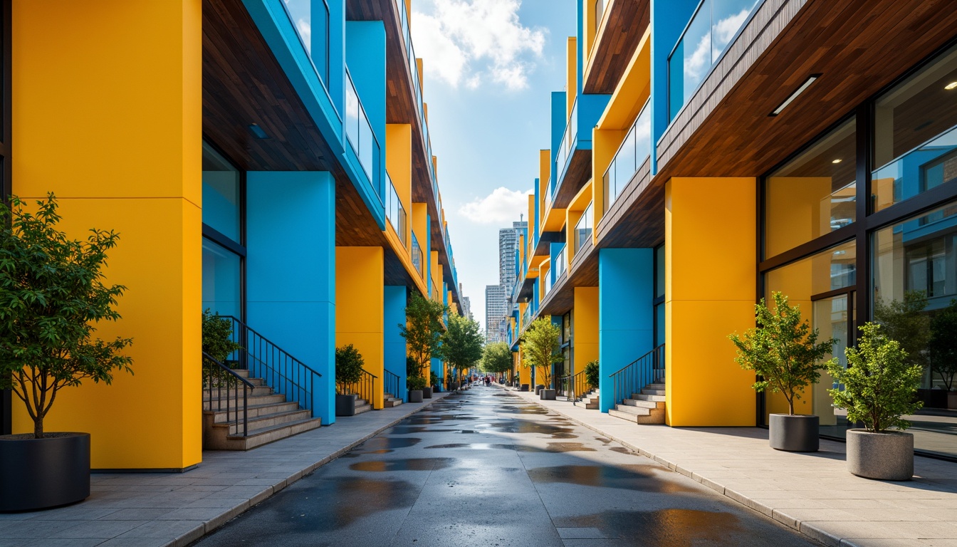 Prompt: Vibrant modern architecture, bold color schemes, contrasting hues, harmonious palettes, warm beige walls, cool blue accents, bright yellow highlights, rich wood tones, sleek metallic surfaces, glossy finishes, subtle texture contrasts, natural light reflections, dramatic shadow effects, atmospheric ambiance, moody lighting, 3/4 composition, symmetrical balance, geometric patterns, abstract shapes, futuristic aesthetics, urban cityscape, bustling streets, cosmopolitan vibes.