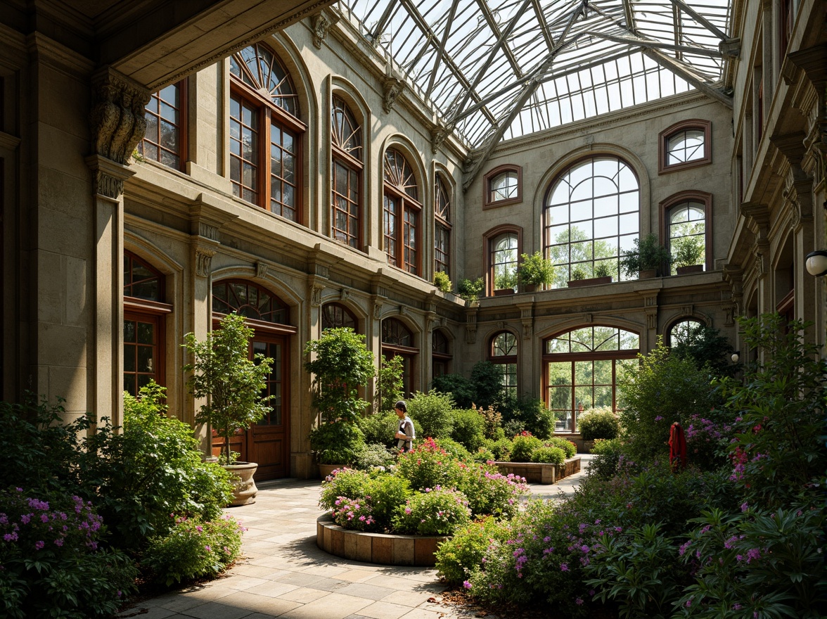 Prompt: Ornate Baroque greenhouse, lush greenery, exotic plants, intricate stone carvings, grandiose archways, ornamental metalwork, stained glass windows, vibrant floral patterns, natural stone walls, rustic wooden doors, whimsical statues, soft warm lighting, 1/1 composition, shallow depth of field, realistic textures, ambient occlusion.