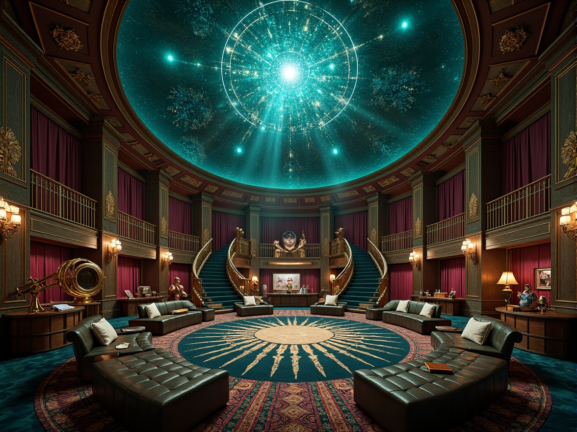 Prompt: Luxurious planetarium, celestial dome, starry night sky, rich jewel tones, emerald green, sapphire blue, amethyst purple, metallic gold accents, geometric patterns, ornate details, art deco motifs, vintage astronomy instruments, bronze telescopes, leather-bound tomes, opulent velvet drapes, grand chandeliers, dramatic spotlights, 3/4 composition, cinematic atmosphere, realistic textures, subtle glow effects.