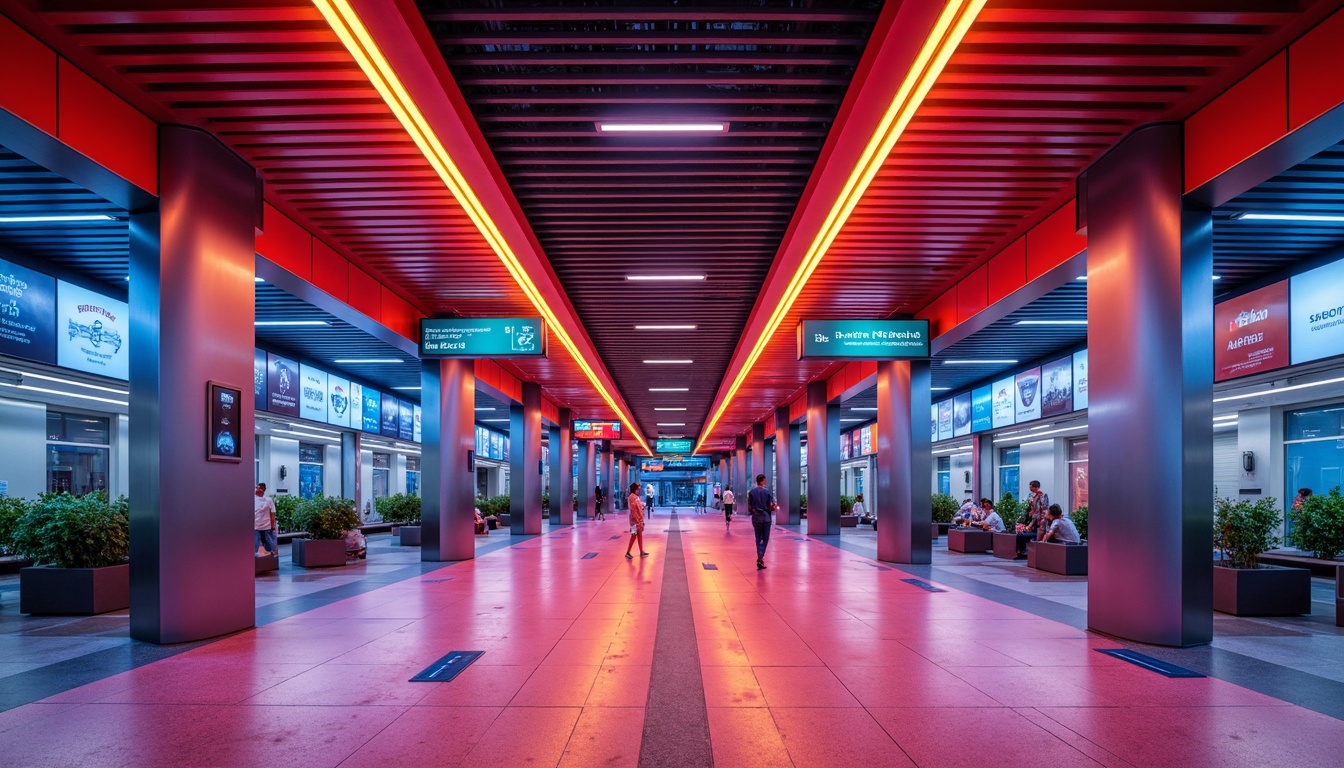 Prompt: Vibrant urban metro station, bold color scheme, contrasting hues, dynamic lighting effects, sleek modern architecture, stainless steel columns, futuristic LED displays, glowing wayfinding signs, high-contrast flooring patterns, bright ceiling installations, rhythmic tile arrangements, harmonious color harmony, stimulating visual interest, functional minimalism, efficient passenger flow, convenient amenities, comfortable seating areas, calm atmosphere, warm ambient glow, shallow depth of field, 1/1 composition, realistic textures, ambient occlusion.