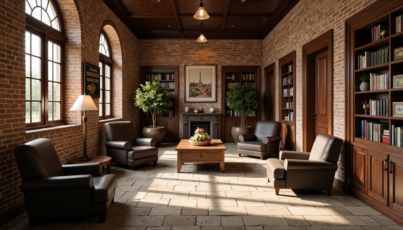 Prompt: Rustic brick walls, ornate wooden accents, vintage educational signage, distressed stone flooring, warm beige tones, cozy reading nooks, built-in bookshelves, classic library lamps, comfortable leather armchairs, rich wood paneling, stained glass windows, soft natural lighting, shallow depth of field, 2/3 composition, realistic textures, ambient occlusion.