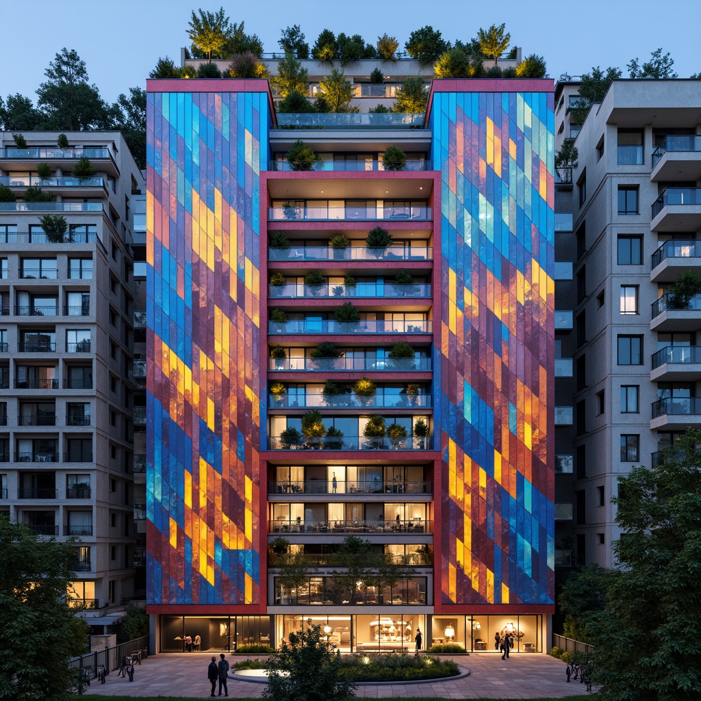 Prompt: Vibrant residential facade, bold geometric patterns, angular lines, futuristic materials, iridescent colors, reflective surfaces, cantilevered balconies, dynamic lighting systems, urban cityscape, dense neighborhood, modern housing development, experimental architecture, innovative building technologies, sustainable energy solutions, green roofs, eco-friendly materials, minimalist design, maximized natural light, shallow depth of field, 1/2 composition, realistic textures, ambient occlusion.