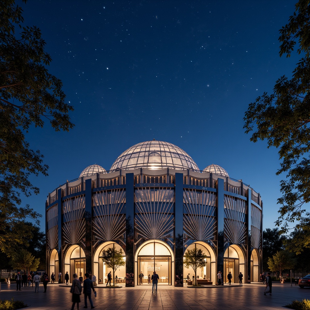 Prompt: Geometric planetarium, Art Deco fa\u00e7ade, metallic cladding, chevron patterns, zigzag motifs, ornate details, glossy finishes, luxurious materials, celestial-inspired ornaments, starry night sky, soft blue lighting, dramatic spotlights, 3/4 composition, low-angle shot, cinematic atmosphere, realistic reflections, ambient occlusion.Let me know if you need any adjustments!