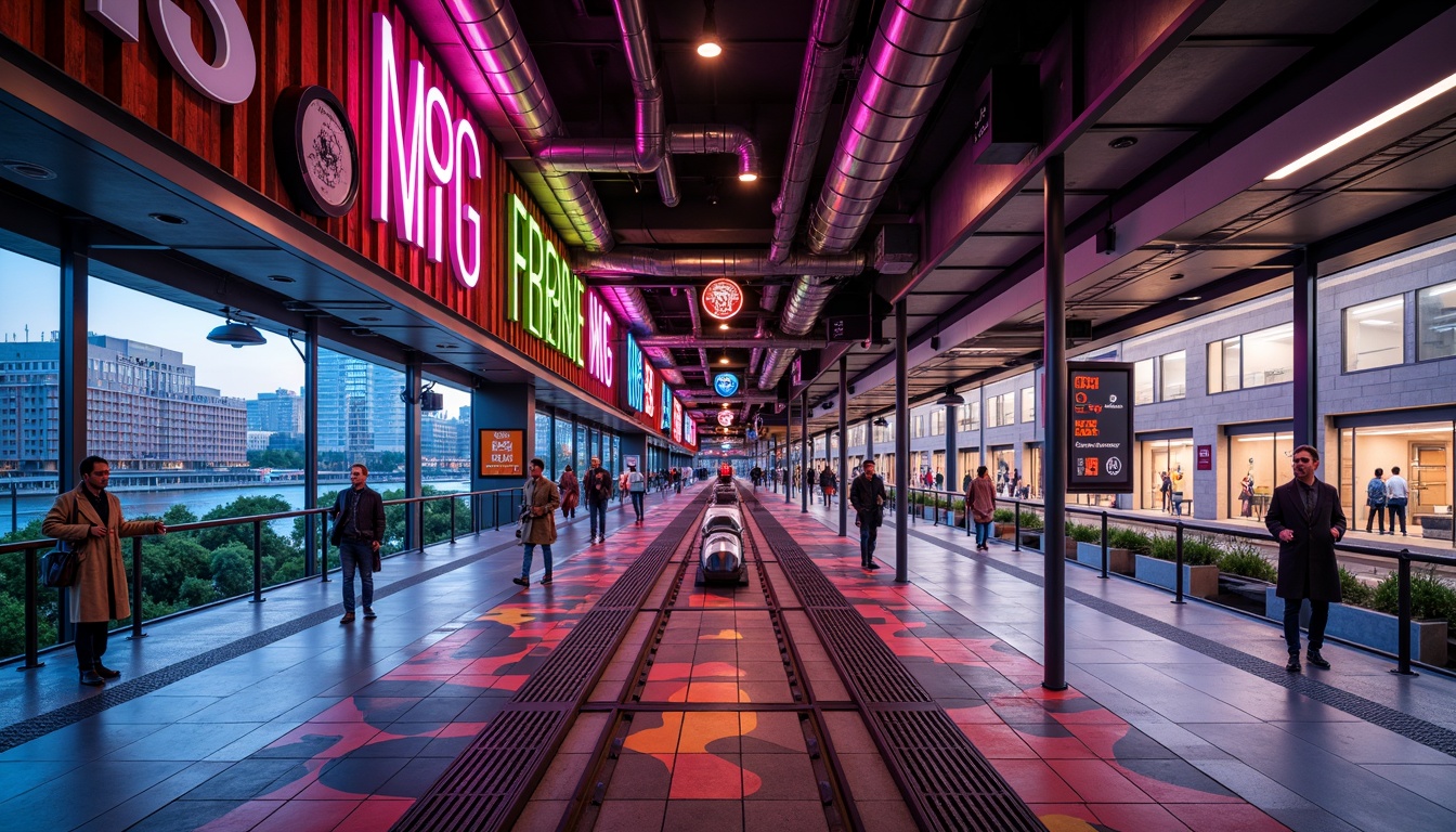 Prompt: Vibrant tram station, neon color scheme, bold geometric shapes, playful typography, eclectic material mix, exposed ductwork, industrial chic aesthetic, retro-futuristic vibe, bright LED lighting, glossy metal accents, matte concrete walls, sleek glass canopies, abstract patterned flooring, urban cityscape views, bustling pedestrian traffic, dynamic camera angles, high contrast shadows, cinematic color grading.