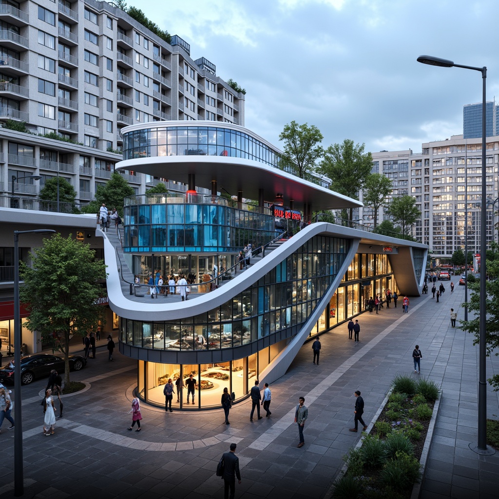 Prompt: Futuristic tram station, curved glass fa\u00e7ade, sleek metal framework, vibrant LED lighting, dynamic signage, cantilevered rooflines, open-air platforms, urban cityscape, bustling streets, morning commute, natural stone flooring, stainless steel accents, green roofs, solar panels, wind turbines, energy-efficient systems, modern minimalist design, angular geometric shapes, futuristic patterns, ambient occlusion, shallow depth of field, 3/4 composition, panoramic view.