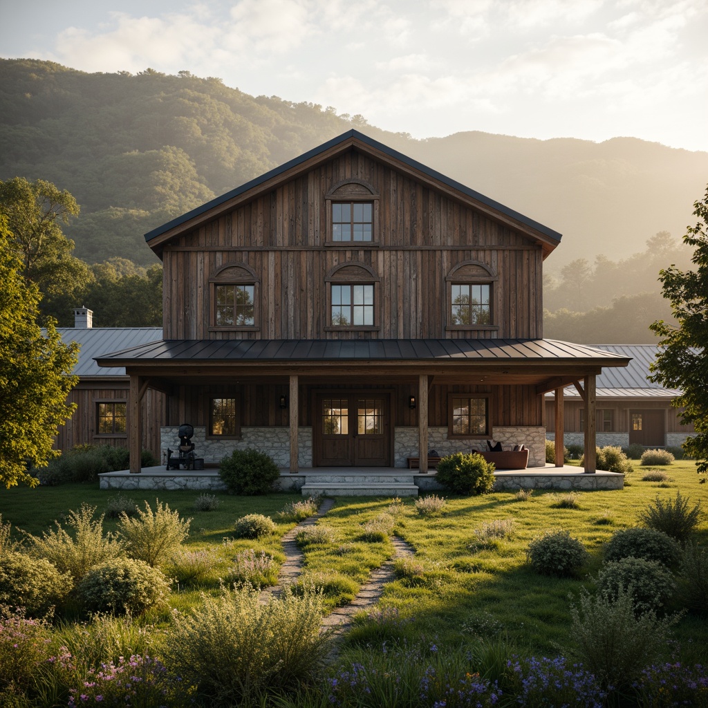 Prompt: Rustic barn, neoclassical facade, wooden accents, stone foundations, lush greenery, rolling hills, serene countryside, misty morning, warm golden lighting, soft focus, shallow depth of field, 1/2 composition, realistic textures, ambient occlusion, distressed wood planks, metal roofing, vintage farm equipment, wildflower fields, meandering pathways, natural stone walls, earthy color palette, symmetrical architecture, grand entrance, ornate details, classic columns, arched windows, French doors.