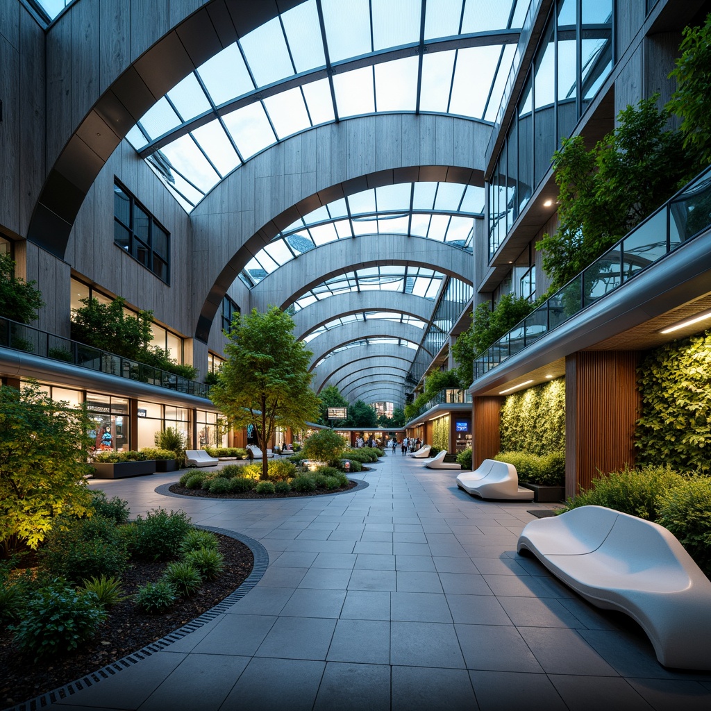 Prompt: Curved tram station, undulating rooflines, flowing organic shapes, iridescent glass fa\u00e7ade, luminous LED lighting, futuristic transportation hub, sleek metallic accents, wavy benches, verdant green walls, living roofs, natural ventilation systems, soft diffused lighting, shallow depth of field, 2/3 composition, panoramic view, realistic reflections, ambient occlusion.