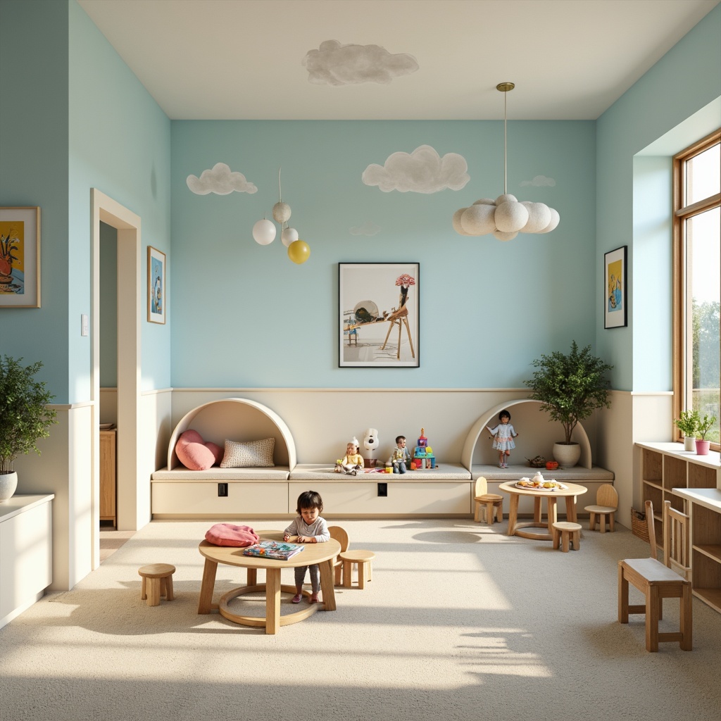 Prompt: Pastel light blue walls, soft cream accents, playful kindergarten furniture, rounded tables, tiny chairs, colorful toy blocks, educational posters, child-friendly artwork, gentle natural lighting, warm carpet floors, cozy reading nooks, whimsical cloud-shaped decorations, cheerful balloon arches, soft focus photography, 1/2 composition, shallow depth of field, realistic textures.