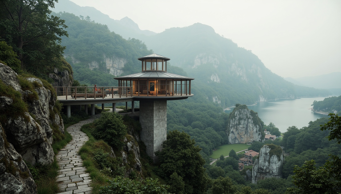 Prompt: \Panoramic watchtower, rugged mountainous landscape, misty atmosphere, lush green forests, winding stone pathways, rustic wooden bridges, serene lakeside, towering trees, ancient boulders, weathered stone walls, minimalist modern architecture, large glass windows, cantilevered decks, natural blending, seamless integration, 1/2 composition, warm soft lighting, ambient occlusion, realistic textures.\Let me know if you need any adjustments!