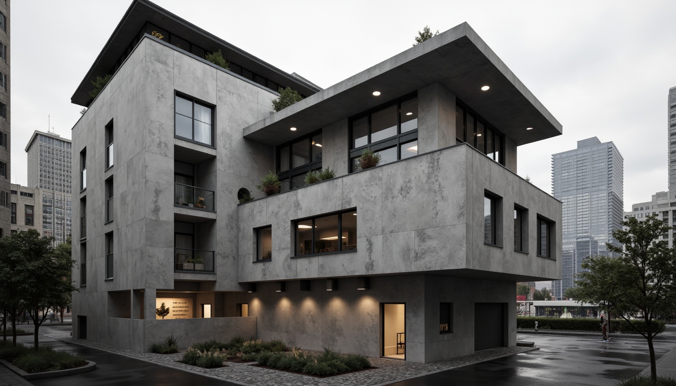 Prompt: Brutalist concrete facade, rugged textured surfaces, angular geometric forms, cantilevered rooflines, industrial metal accents, minimalist window arrangements, monochromatic color scheme, urban cityscape backdrop, overcast sky, dramatic spotlighting, high-contrast shading, abstract structural patterns, 1/1 composition, symmetrical framing, moody atmospheric lighting, detailed concrete textures.