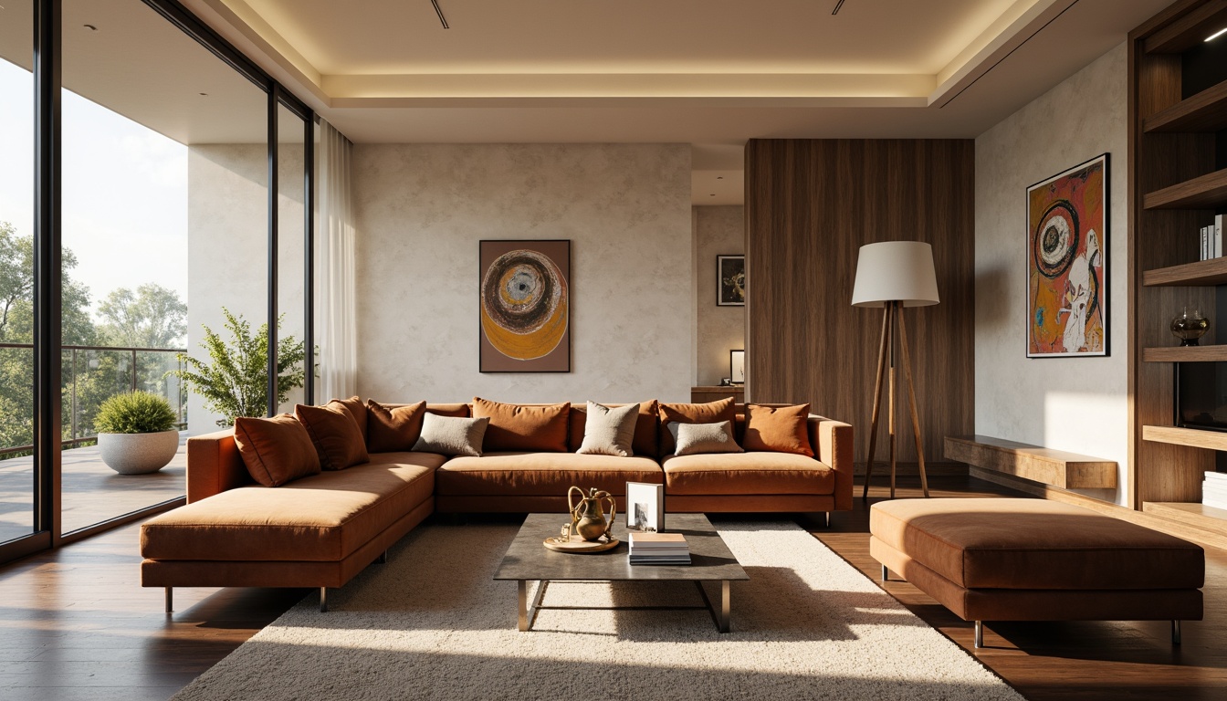 Prompt: Elegant living room, plush velvet sofa, sleek glass coffee table, minimalist metal legs, warm beige walls, rich dark wood flooring, floor-to-ceiling windows, soft natural light, cozy reading nook, oversized pillows, modern art pieces, abstract paintings, metallic accents, ambient lighting, 3/4 composition, shallow depth of field, realistic textures.