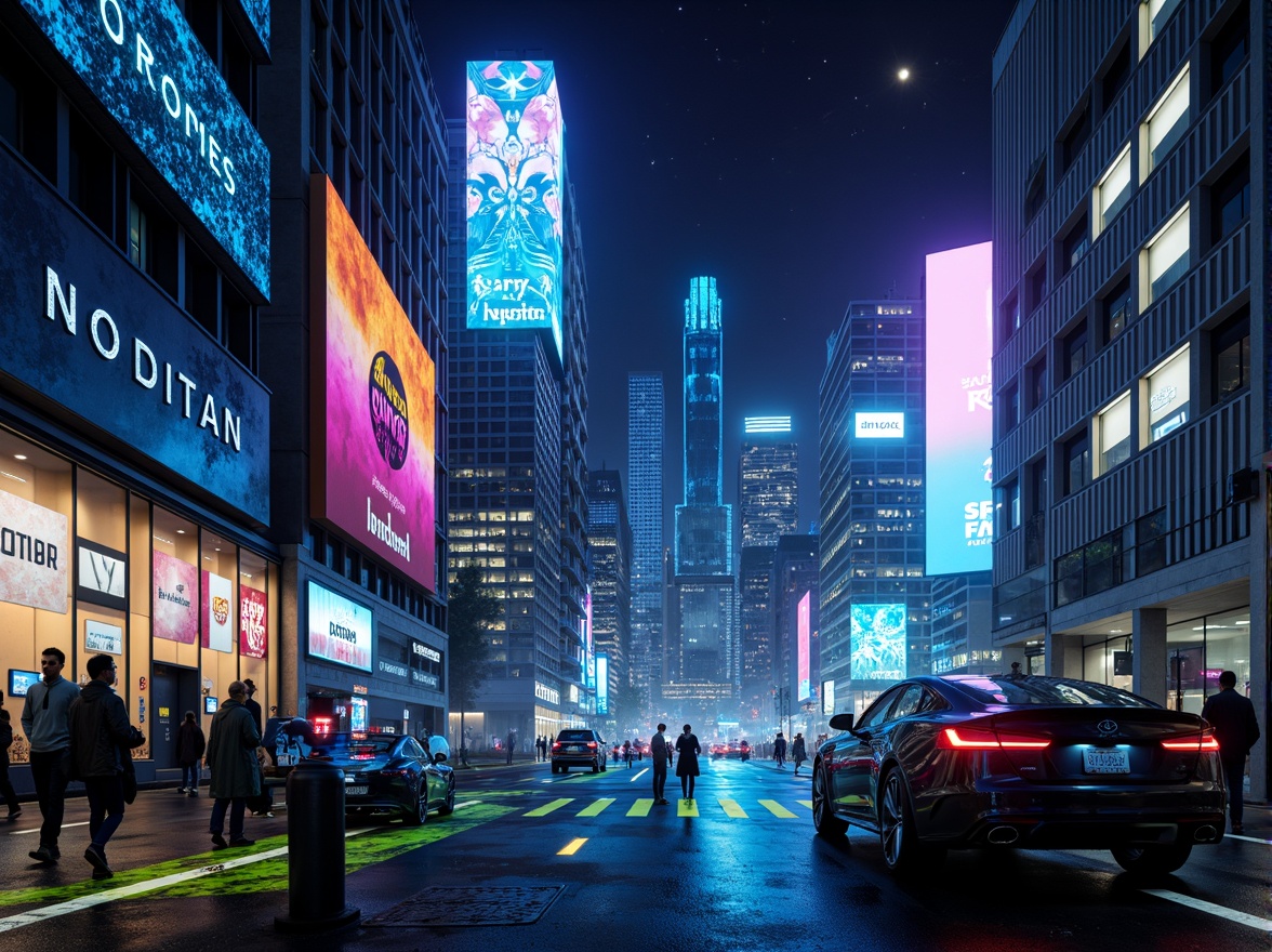 Prompt: Neon-lit cityscape, futuristic skyscrapers, iridescent holographic advertisements, metallic surfaces, neon green accents, electric blue hues, vibrant pink highlights, luminous white lighting, dark shadows, atmospheric fog, distant stars, retro-futuristic elements, 3D holographic projections, sleek aerodynamic shapes, high-tech gadgets, cyberpunk-inspired patterns, glowing neon lines, deep blues and purples, radiant oranges and yellows, metallic chrome reflections, subtle gradient effects, cinematic color grading, shallow depth of field, 1/1 composition, realistic textures, ambient occlusion.