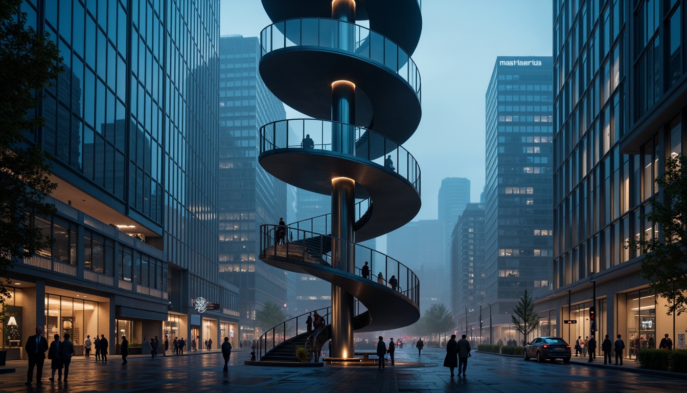 Prompt: Twisting spiral staircase, minimalist cylindrical shape, sleek metallic exterior, reflective glass surfaces, modern futuristic aesthetic, neon-lit nightscape, cityscape backdrop, urban skyscraper surroundings, dramatic spotlighting, high-contrast shadows, cinematic atmosphere, 3/4 composition, low-angle shot, wide-angle lens, shallow depth of field, misty foggy weather, eerie mysterious mood.Please let me know if this meets your requirements!