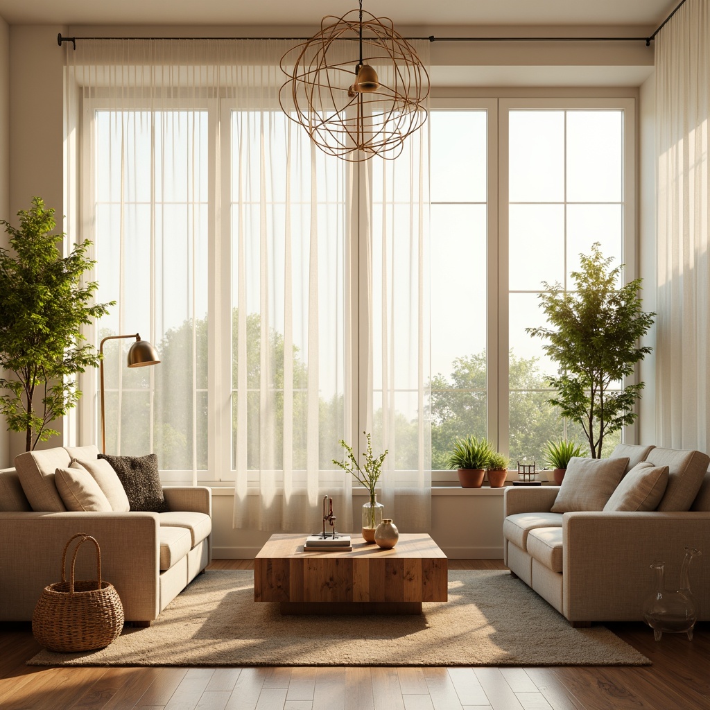 Prompt: Vibrant living room, floor-to-ceiling windows, sheer white curtains, warm natural light, comfortable seating area, wooden coffee table, potted green plants, soft cream-colored walls, minimalist decor, Scandinavian-inspired furniture, modern chandelier, elegant glass vases, subtle texture patterns, 1/2 composition, shallow depth of field, soft focus, realistic rendering.