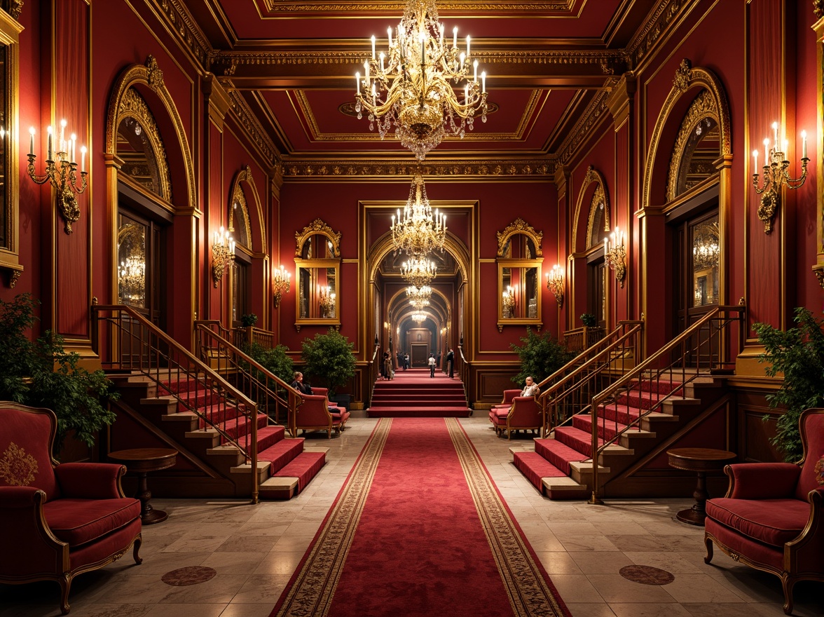 Prompt: Rich gold accents, deep crimson hues, ornate mirrors, lavish chandeliers, intricate moldings, opulent furnishings, grand staircases, regal archways, velvety red carpets, polished marble floors, dramatic high ceilings, warm candlelight, 3/4 composition, shallow depth of field, panoramic view, realistic textures, ambient occlusion.