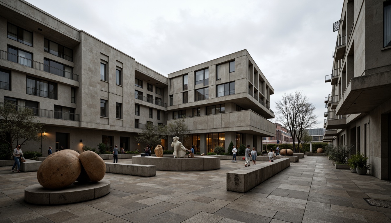 Prompt: Rustic university campus, brutalist concrete buildings, angular geometric shapes, cantilevered roofs, exposed ductwork, industrial-style lighting, raw metal beams, minimalist decorative elements, functionalist architecture, institutional color schemes, weathered stone walls, abstract sculptural forms, modernist art installations, urban cityscape, overcast skies, dramatic shadow play, high-contrast photography, 2/3 composition, shallow depth of field, gritty realistic textures, ambient occlusion.