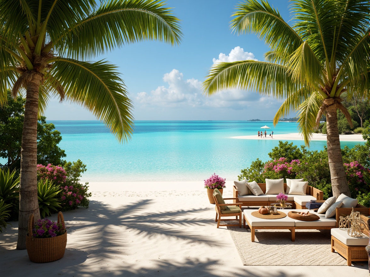 Prompt: Vibrant tropical island, crystal-clear turquoise waters, powdery white sand beaches, lush green palm trees, exotic floral arrangements, colorful tiki torches, woven rattan furniture, natural textiles, warm sunny day, soft golden lighting, shallow depth of field, 1/1 composition, realistic textures, ambient occlusion.