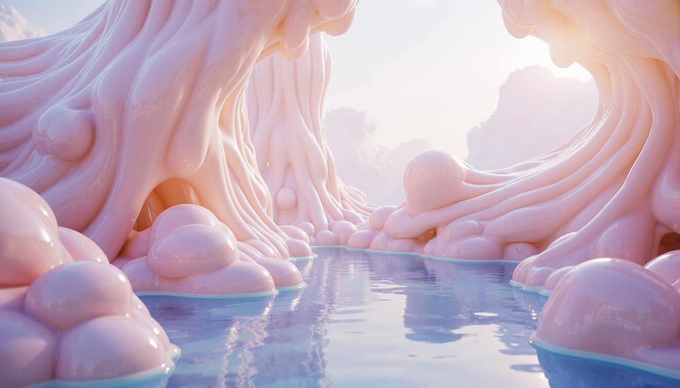 Prompt: Iridescent blob-like structures, translucent membranes, gelatinous surfaces, soft pastel colors, undulating shapes, organic forms, wispy tendrils, ethereal atmosphere, misty ambiance, warm soft lighting, shallow depth of field, 1/1 composition, realistic reflections, ambient occlusion, futuristic architecture, advanced biomaterials, adaptive structures, self-healing materials, sustainable systems, eco-friendly production methods, innovative 3D printing techniques.