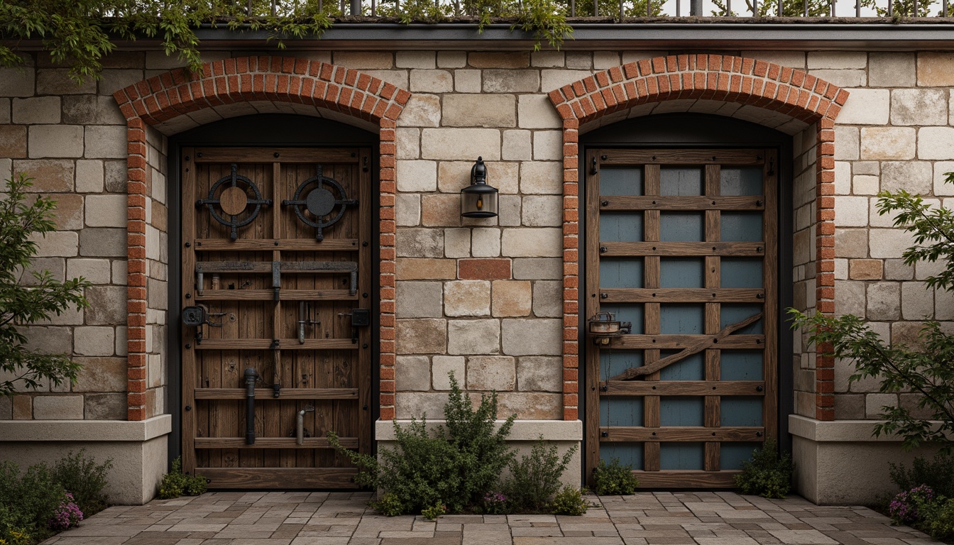 Prompt: Rustic stone walls, weathered wooden planks, metallic grids, corrugated steel sheets, rough concrete textures, industrial pipes, distressed brick facades, ornate tile mosaics, intricate stonework patterns, natural rock formations, earthy tones, warm ambient lighting, shallow depth of field, 3/4 composition, realistic material simulations, ambient occlusion.