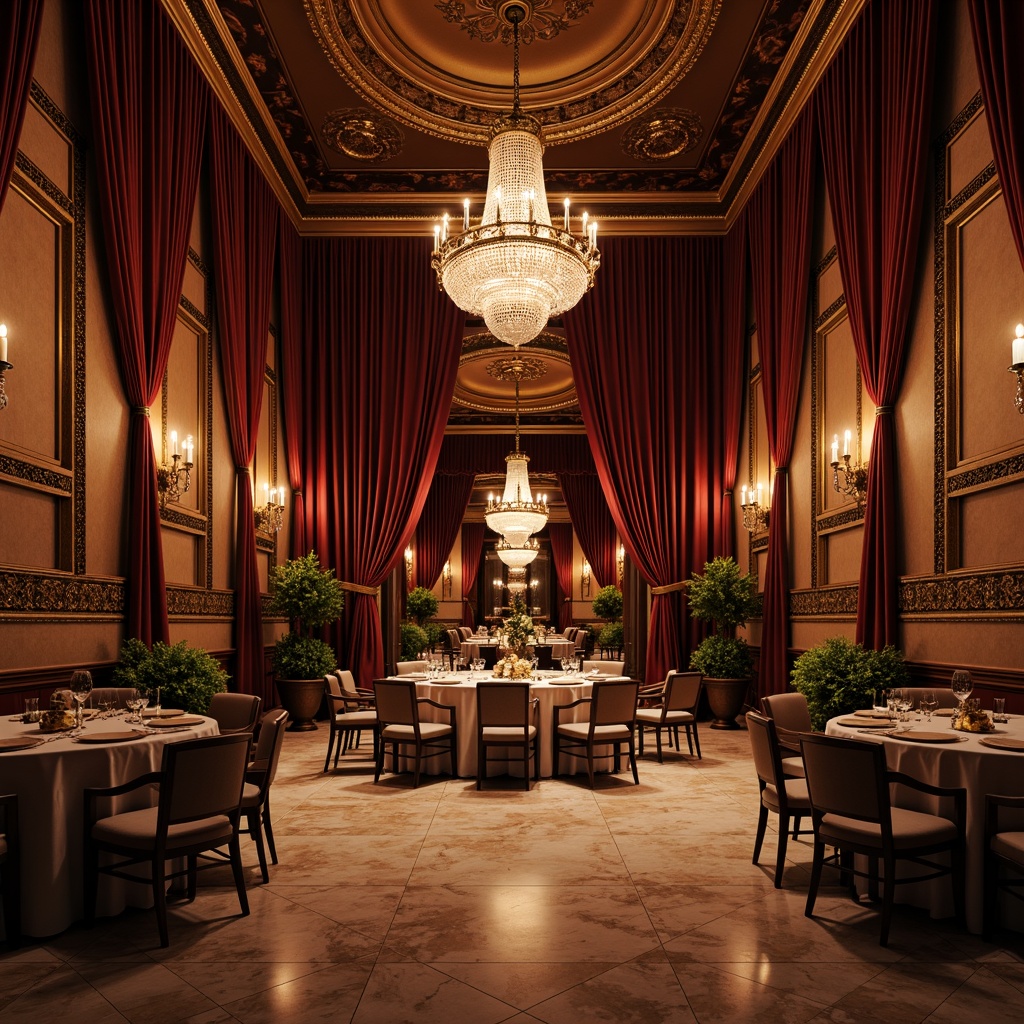 Prompt: Luxurious banquet hall, ornate chandeliers, rich velvet drapes, polished marble floors, intricately carved wooden panels, gilded frames, crystal glassware, lavish furnishings, soft warm lighting, subtle texture overlay, 1/1 composition, shallow depth of field, realistic reflections, ambient occlusion.